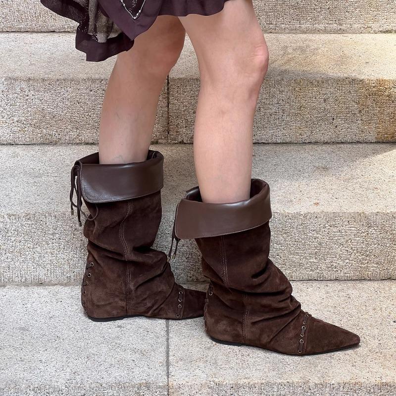 Super soft lambskin~ inner height increase cm suede pleated knight boots women's folding two wear western cowboy boots women's boots