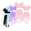 Zweiteiliges Tanz-Outfit für Kinder, Mädchen, Netzrock, Spleiß-Crop-Top und High-Low-Rock-Set