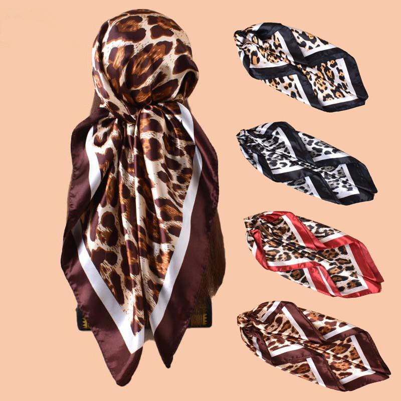 Leopard Square Silk Scarf Women Luxury Design Satin Print Hijab Scarves Pareo Bandana Ladies Shawl Wrap Headband Foulard 90*90cm