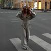 Womens Casual Two-Piece Set: Zip-Up Hooded Cropped Sweatshirt Drawstring Wide-Leg Pants