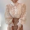 Women Chiffon Button Turtleneck Shirt Chic Elegant Floral Lace Fluffy Long Sleeve Top Fashion Hollow Oversize White Blouse
