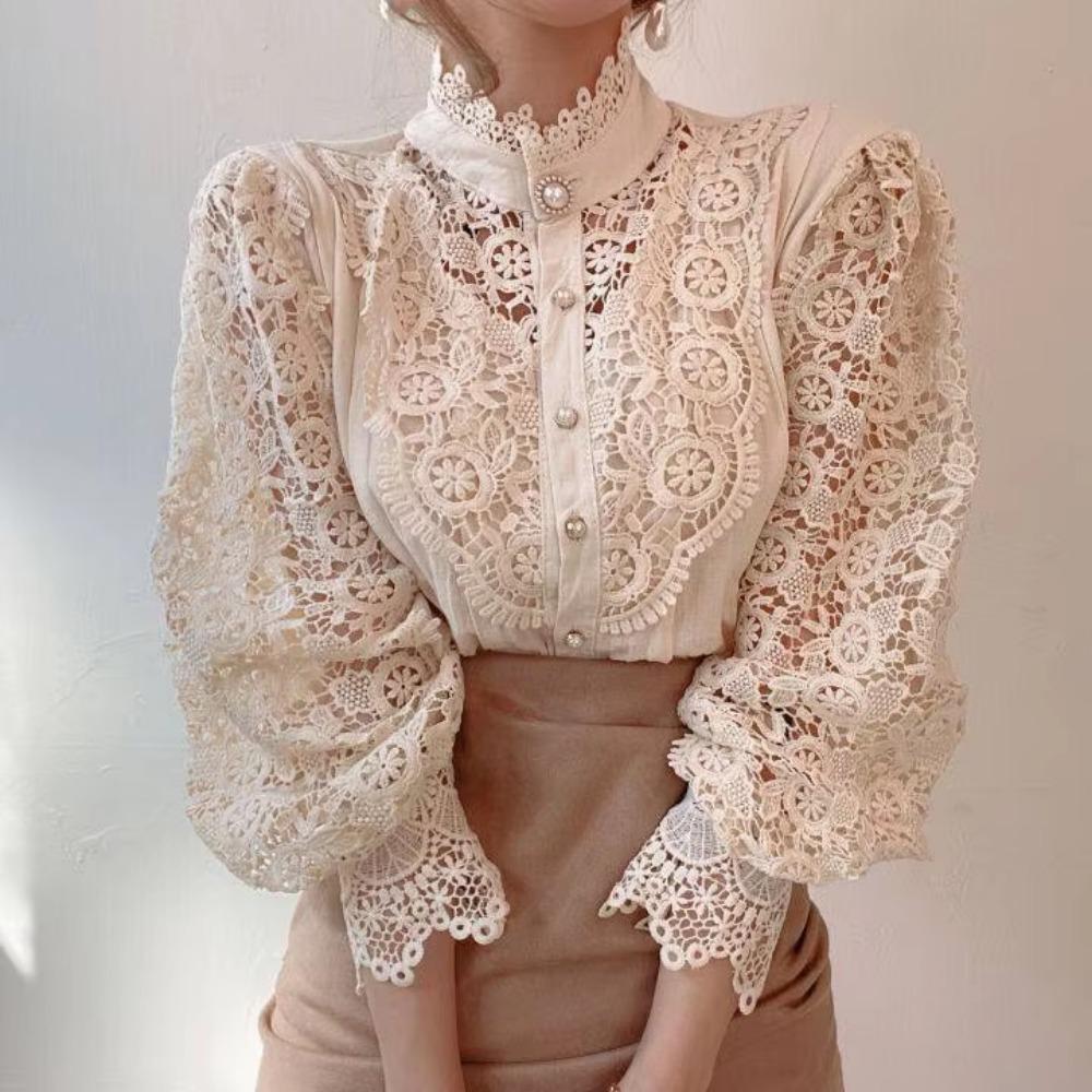 Women Chiffon Button Turtleneck Shirt Chic Elegant Floral Lace Fluffy Long Sleeve Top Fashion Hollow Oversize White Blouse