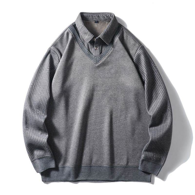 Fake Two-Piece Shirt Collar Sweater Men s Winter Velvet Padded Thickened Sweater Export Men s Warm Leisure Knitwear Coat Gray 4XL