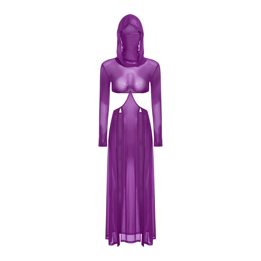 Womens Hollow Out Sheer Maxi Dress Hooded Coverup Mesh Dress