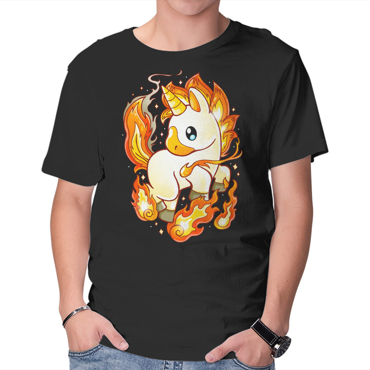 Unisex Crew Neck T-Shirt Fire Unicorn Graphic Short Sleeve Casual Tee XXXXL