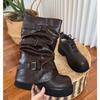 Cowhide Version~ Thick-soled Trouser Boots Two Wear Belt Buckle Short Boots Round Head Retro Stacking Boots Women's Western Boots Medium Boots