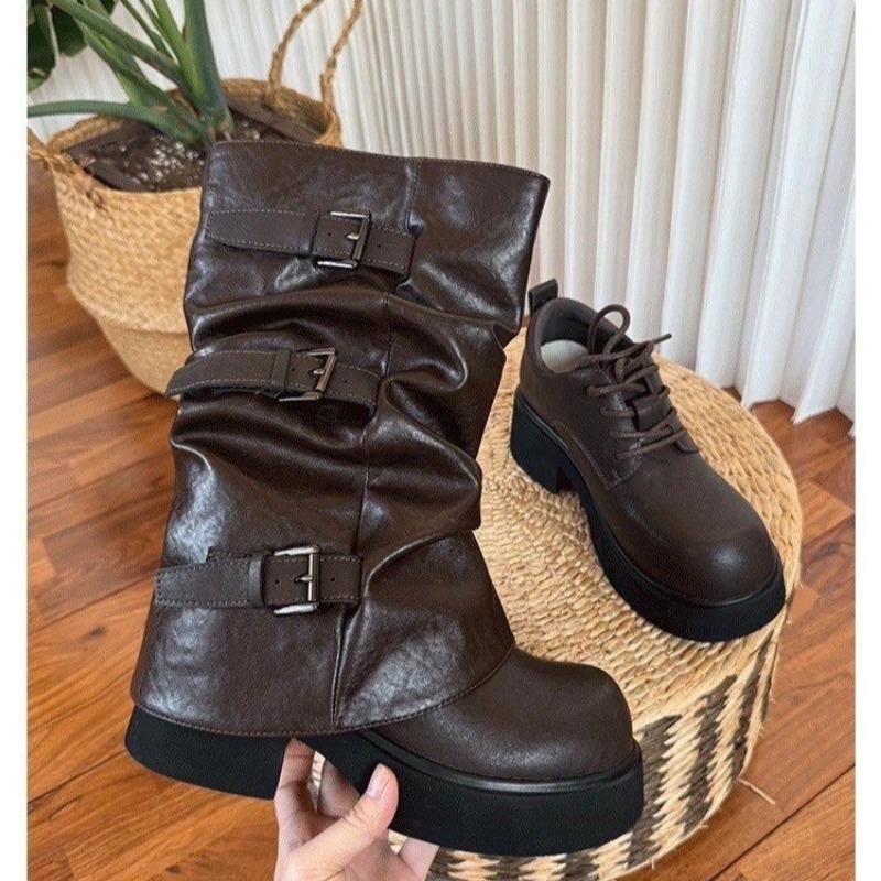 Cowhide version~ thick-soled trouser boots two wear belt buckle short boots round head retro stacking boots women's western boots medium boots