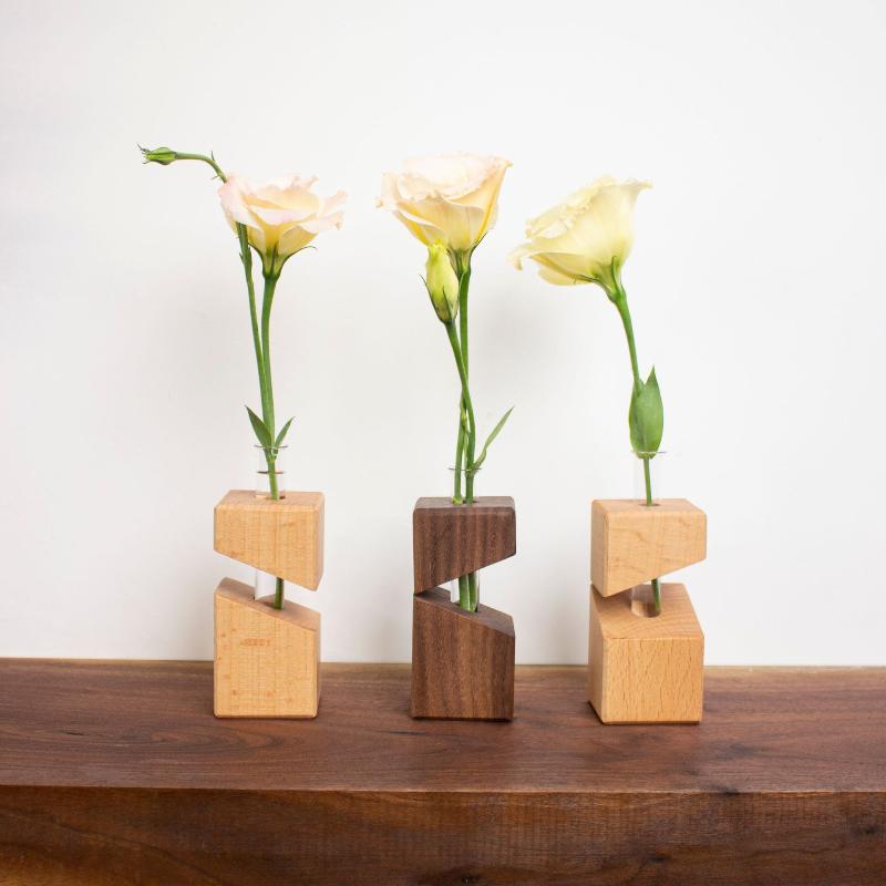 Solid Wood Hydroponic Green Plant Flower Vase Desktop Ornaments Glass Wall-mounted Vase Decorative Ornaments