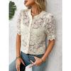 Womens Lace Crochet Short Sleeve Blouse With Round Neck Button Down Casual Hollow Out Top