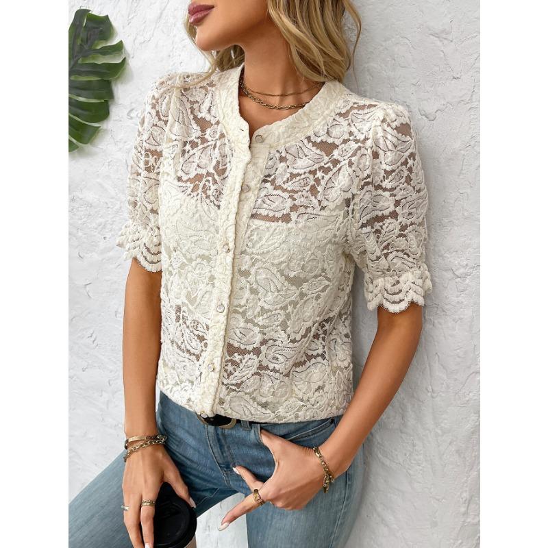 Womens Lace Crochet Short Sleeve Blouse With Round Neck Button Down Casual Hollow Out Top