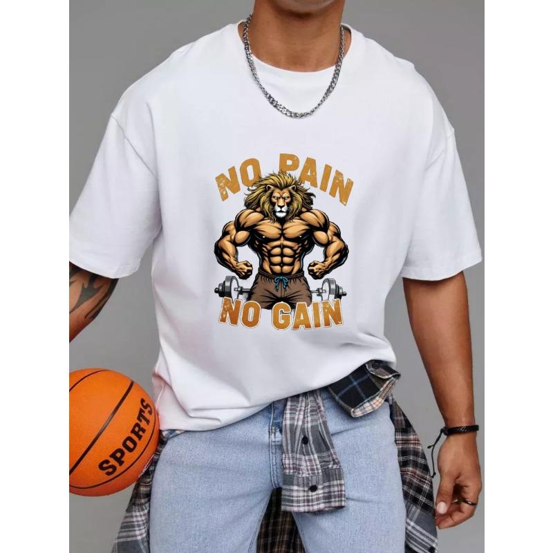 Muscle Lion T Shirt White No Pain No Gain Graphic Print Gym Workout Fitness Motivation Apparel for Men