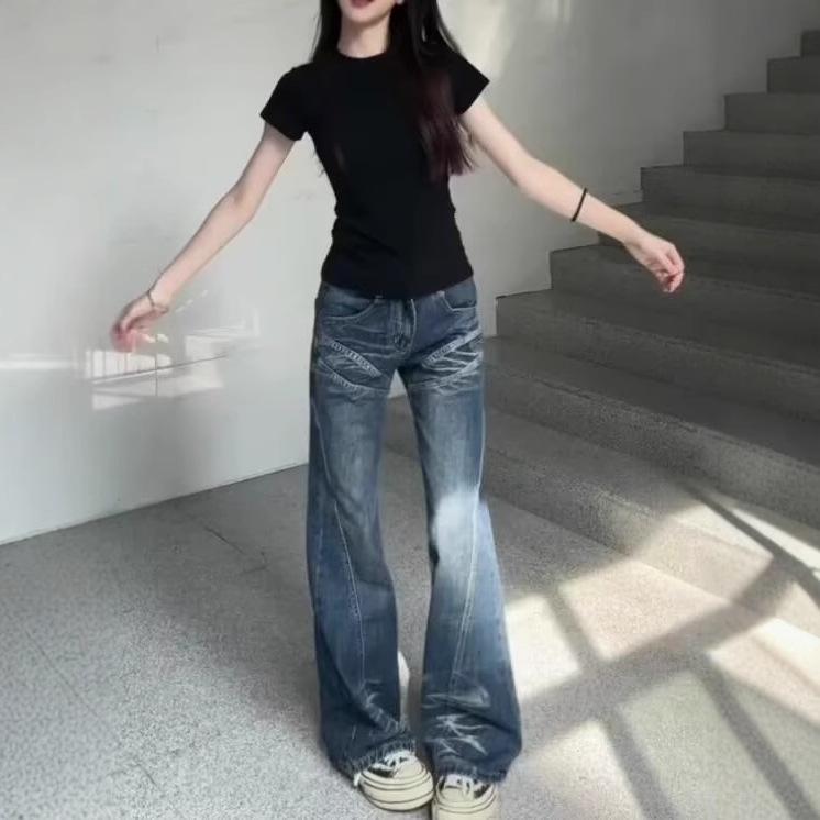 

American Retro High-Waist Micro Flare Jeans - Autumn Wash, Slimming Loose Fit, Floor-Length Trousers XS