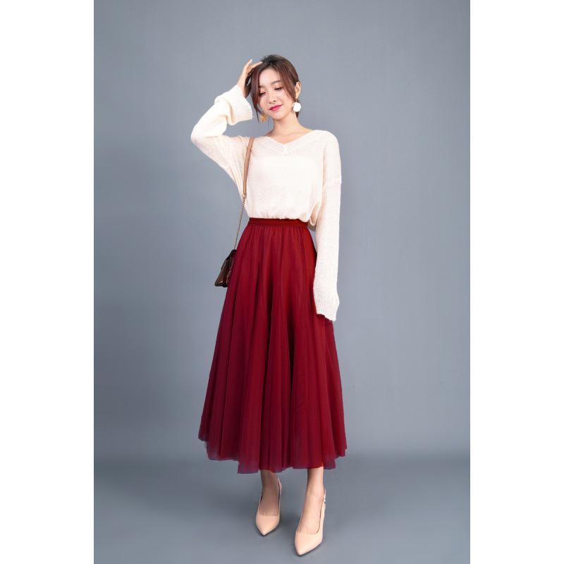 Elegant A-Line Pleated High Waist Mesh Skirt - Autumn Collection for Women