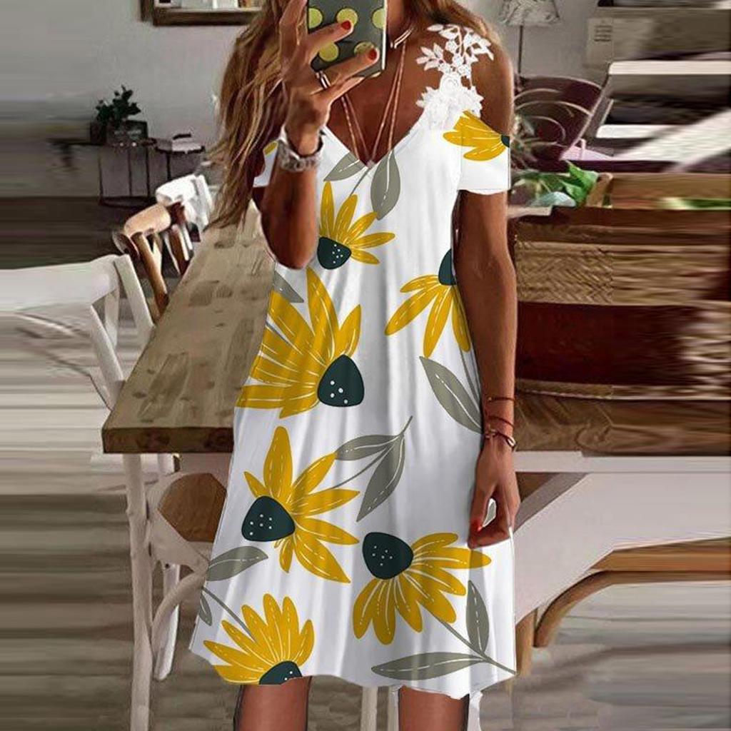 Women's Printed V-Neck Strapless Short Sleeve Spliced Lace Dress