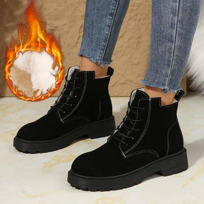 Lucyever Damen Stiefeletten mit Fleecefutter 2024 Schnürung Weiche Sohle Plateau Flauschige Stiefel Frau Winter Rutschfeste Schneestiefel Damen