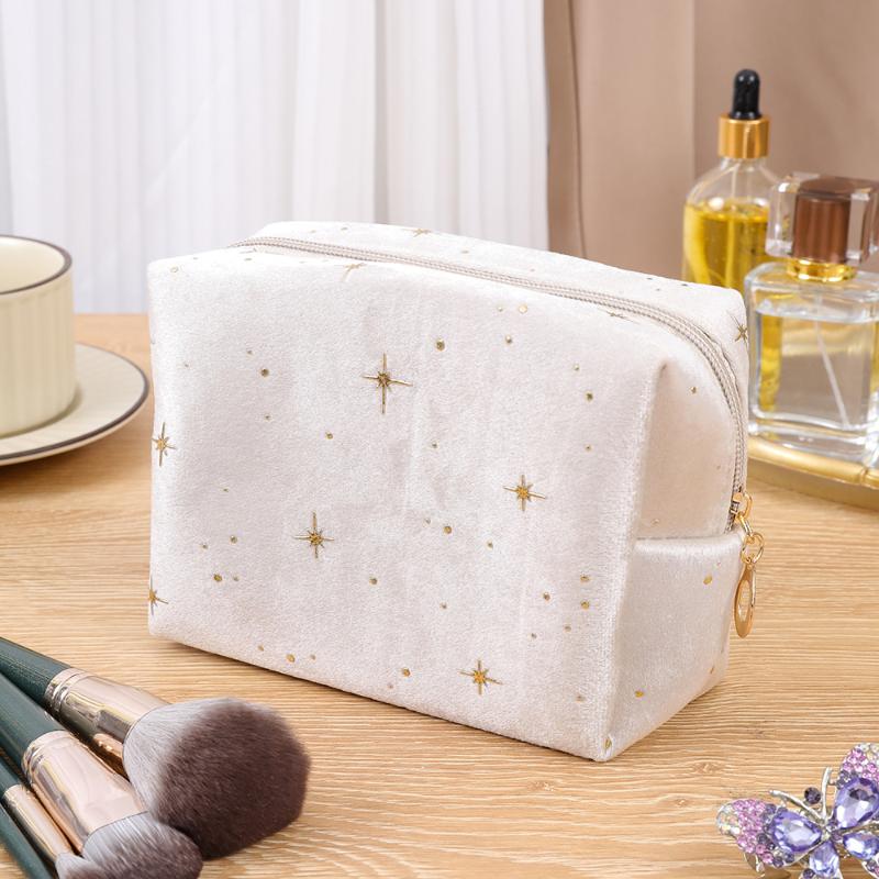 Cosmetic Pouch Spacious Velvet Cosmetic Bag Travel Toiletry Organizer With Star Pattern Portable Makeup Case For Lipstick