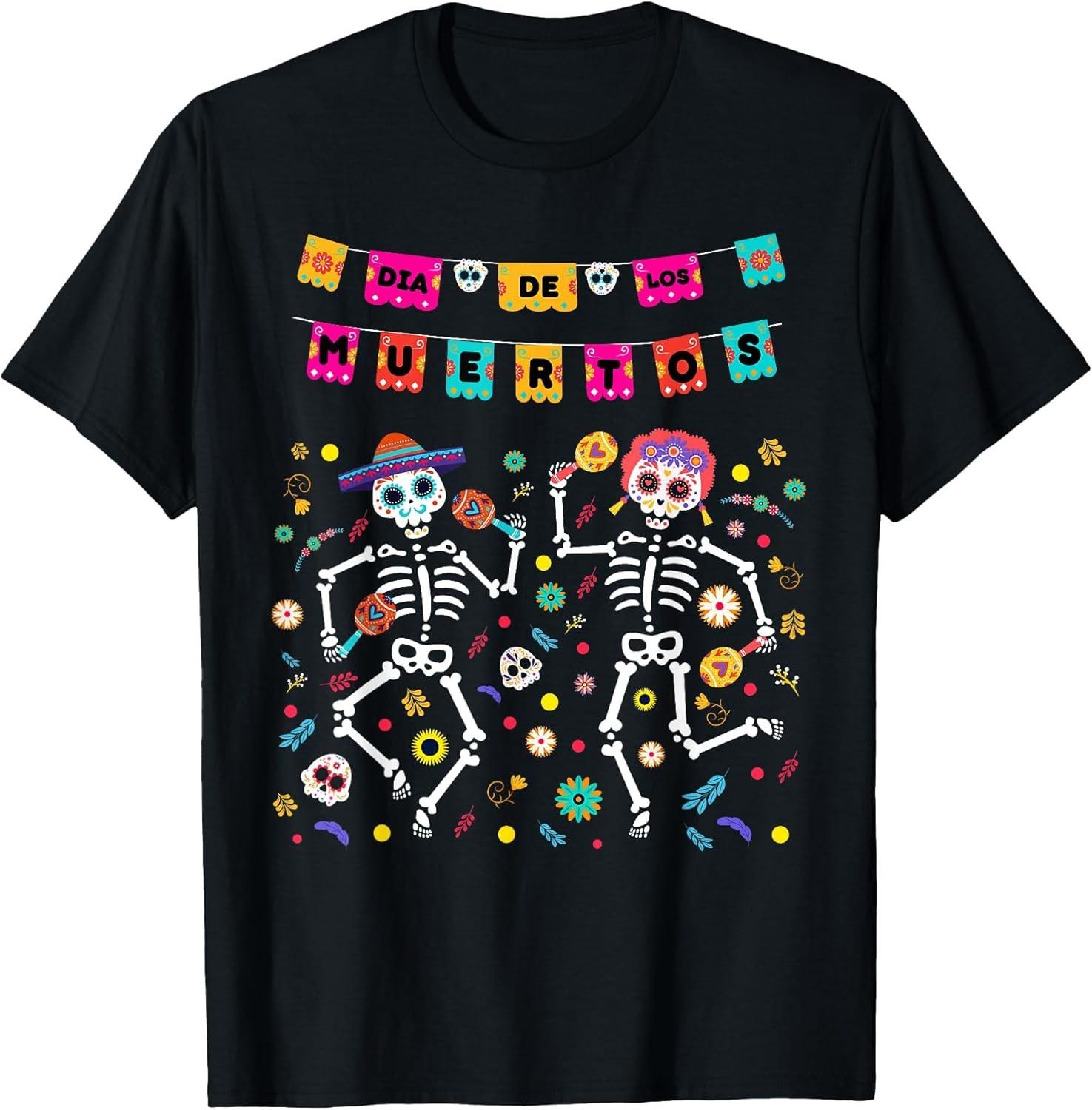 NEW LIMITED! Dia De Los Muertos Mexican Skeleton Dancing Tee - MADE IN USA S разноцветный