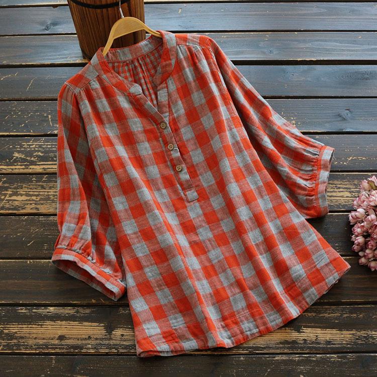 

Двухслойная хлопковая пряжа, летняя женская свободная блузка больших размеров, ретро-топы из хлопковой пряжи с коротким рукавом, клетчатая рубашка с V-образным вырезом One Size