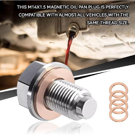 Oil Drain Plug, Magnetic M14X1.5 Oil Pan Drain Nut Bolt With 5PCS Copper Crush Washer Gasket, Stainless Steel Engine Sump Pan Anti Leakage