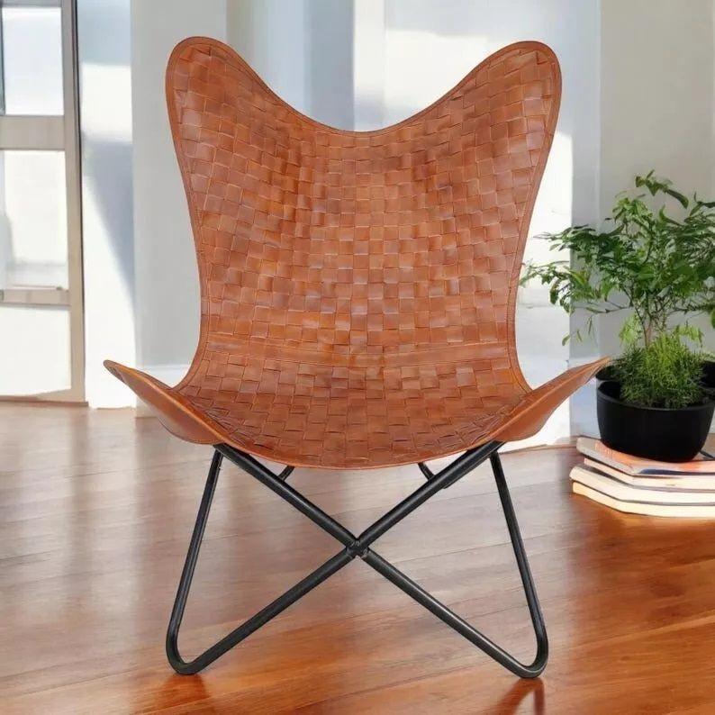 Retro Vintage leather butterfly chair Leather accent chair living room chair
