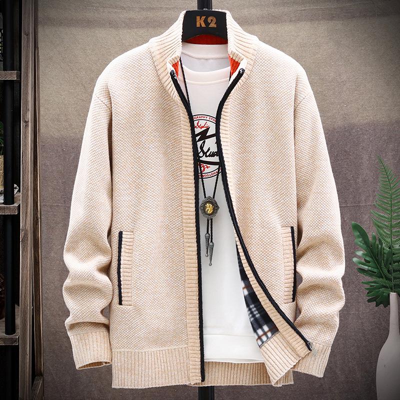 Men's Fleece-Lined Sweater Jacket: Autumn/Winter Casual Knitted Cardigan, Plus Size, Solid Color, Stand-Up Collar.