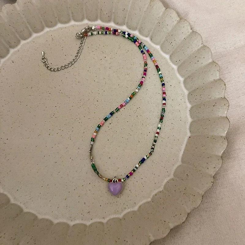 Candy Color Heart Beaded Necklace Sweet Romantic Pink Heart Pendant Earrings Freshwater Pearl Contrast Earring Korean Design