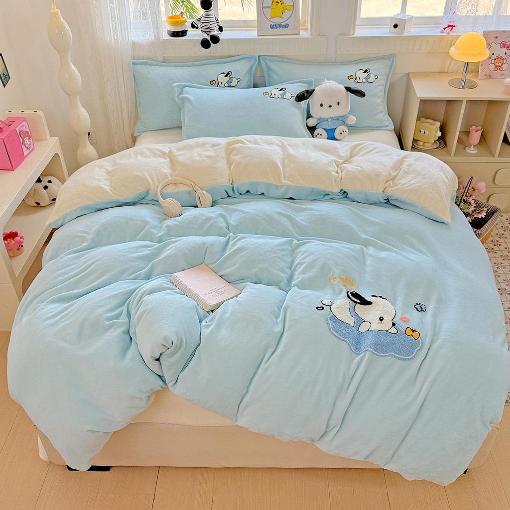 2026 Embroidered Milk Velvet Cartoon Towel Quilt Set - 4 Pieces, Double-Sided for Warmth