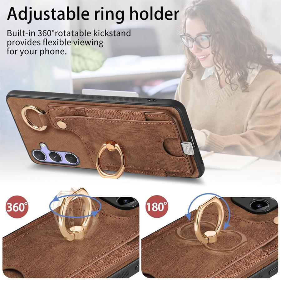 Dönebilen Yüzük Standlı Tutucu Telefon Kılıfı Kart Tutucu ve Manyetik Araç Montajı ile iPhone Samsung Xiaomi Google için Deri Telefon Kılıfı