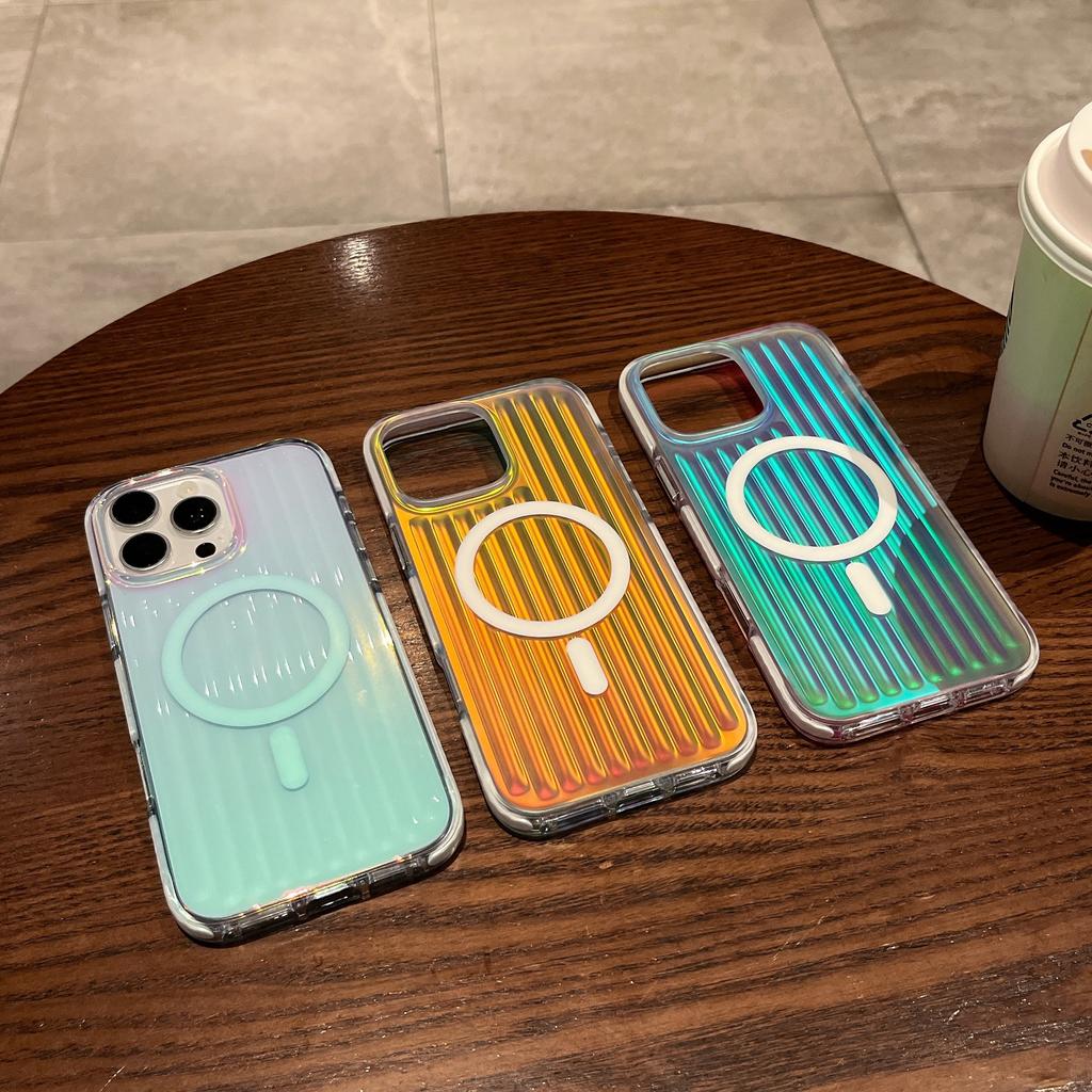For iPhone 16 Pro Magnetic Case Dazzling Gradient Color PC+TPU Phone Back Cover Corrugated Design