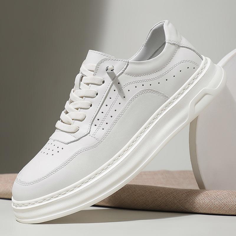 New Shoes for Men Genuine Leather Casual Shoes Thick-soled White Flat Skateboard Shoes Youth Lace-up Sneaker
