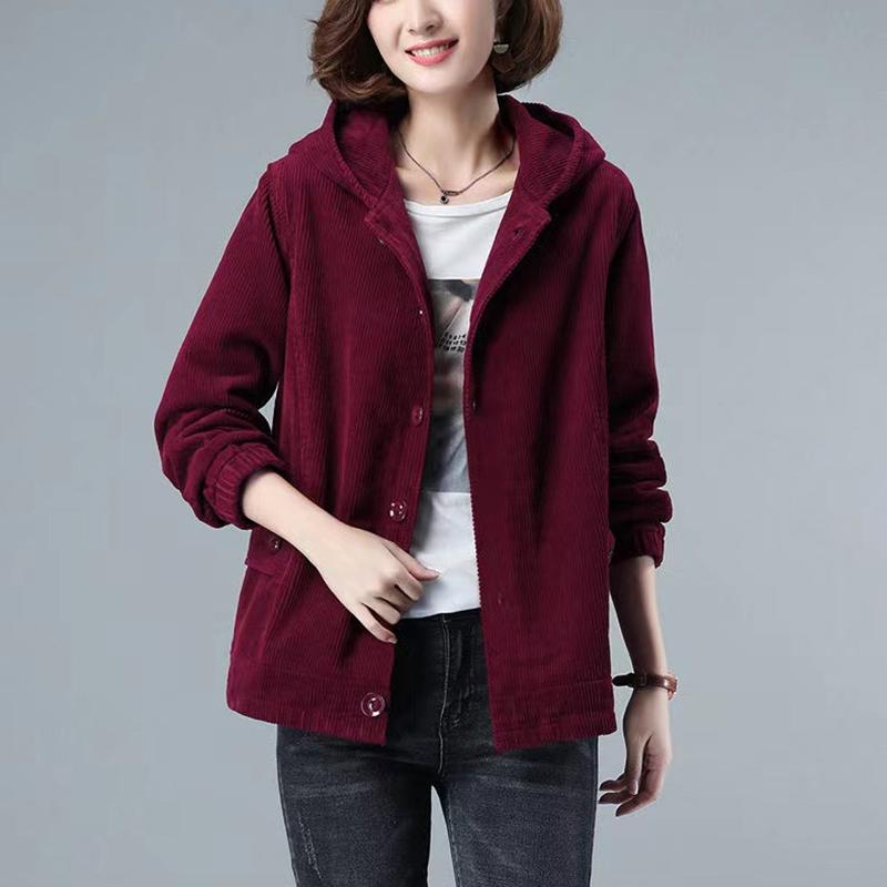 Corduroy Short Coat Women's Spring Autumn Loose Hooded Jacket Fashion Casual Coat
