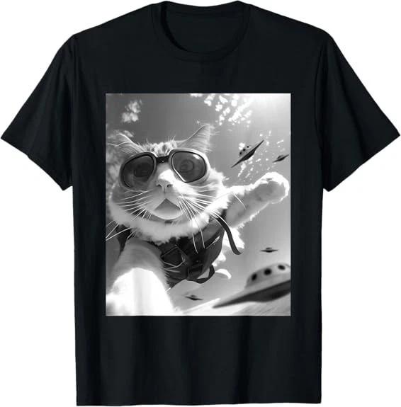 Men s and Women s T-shirts NEW LIMITED Funny Skydiving Cat Selfie with Alien UFOs Tee T-Shirt Size S-3XL M