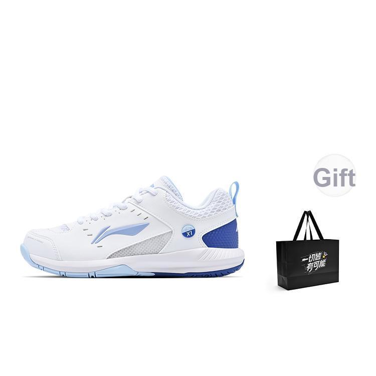 New LiNing Feather Slip Resistant, Abrasion Resistant, Waterproof Low Top Badminton Shoes Unisex White Blue AYTU049-3