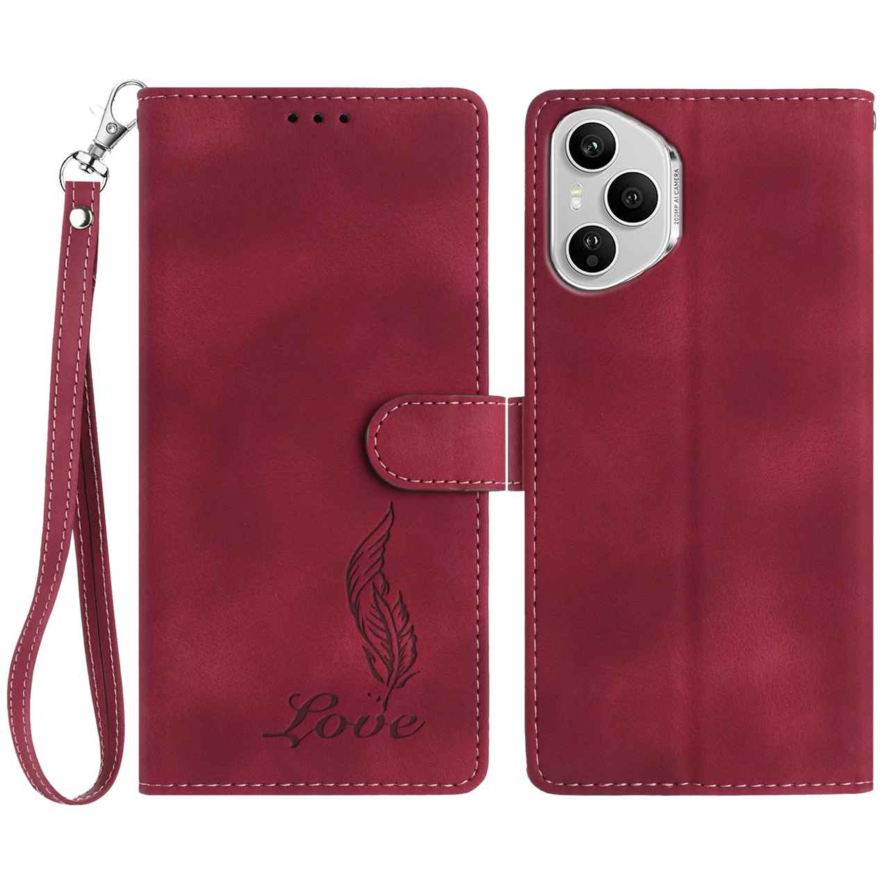 

For Honor 400 Pro 5G (Global) Case Imprinted Feather PU Leather Wallet Phone Cover with Wrist Strap Red