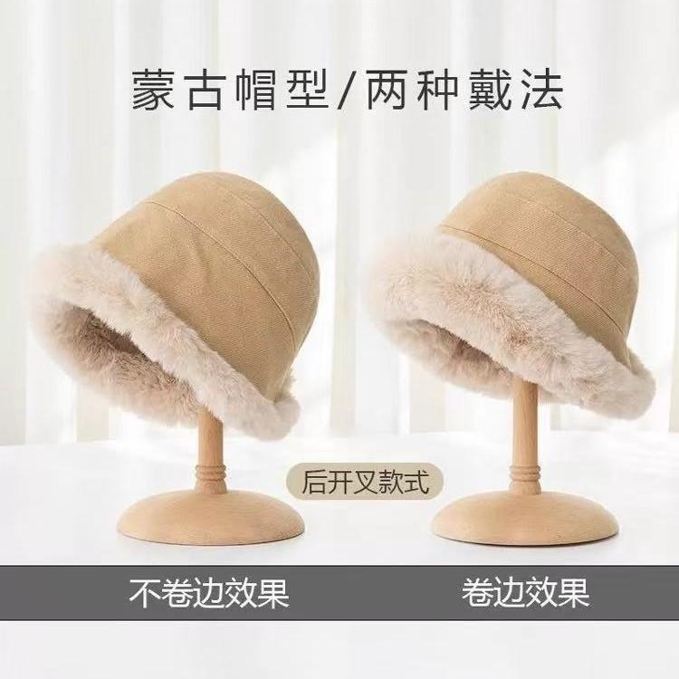 Autumn and winter plush thickened hat women's plush bucket hat crimped cold-proof thickened windproof warm ear protection Mongolian basin hat