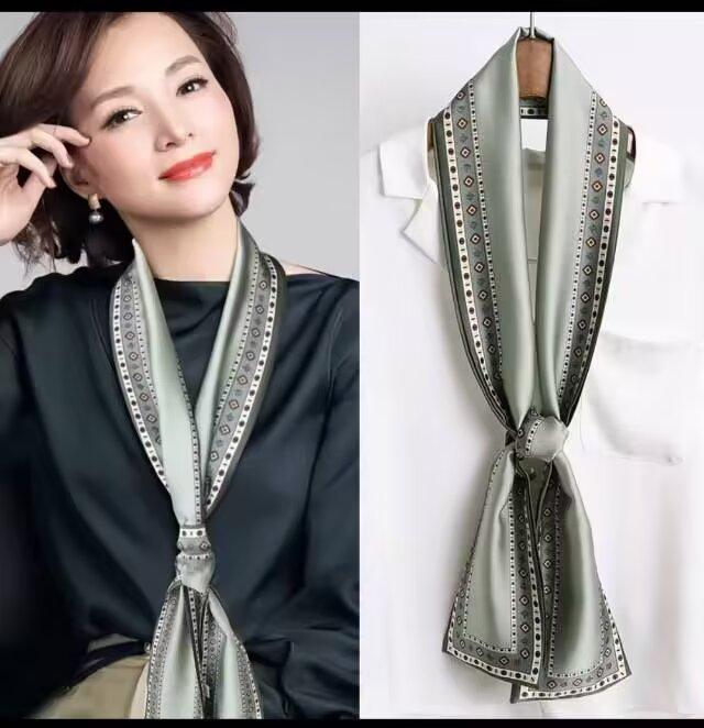 Fresh Polka Dot Print Silk Scarf Women'S Chiffon Satin Double Layer Neck Scarf Bag Handle Bow Tie Hair Band Fashion Accessory