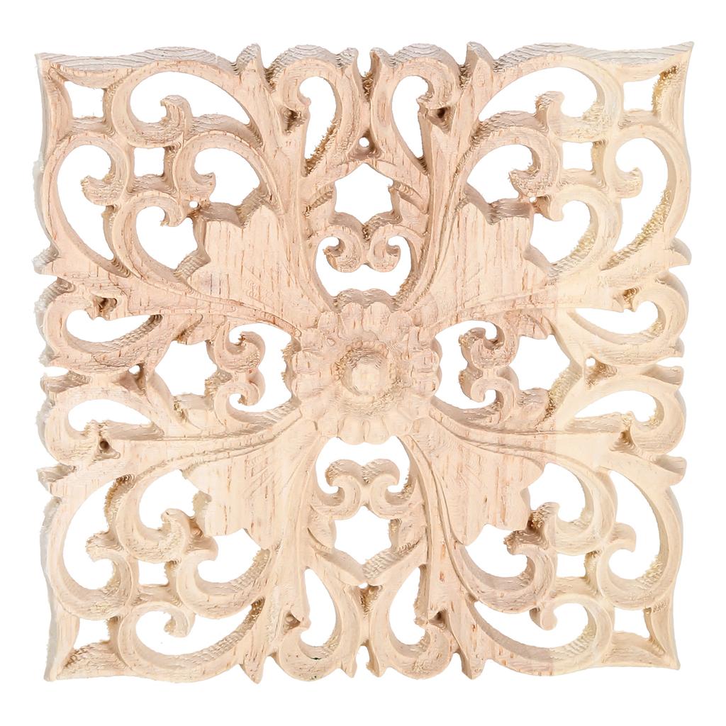 1pc Square Carved Unpainted Wood Ornamental Applique Mouldings Onlay Decal Hollow Flower Cabinet Furniture Decor