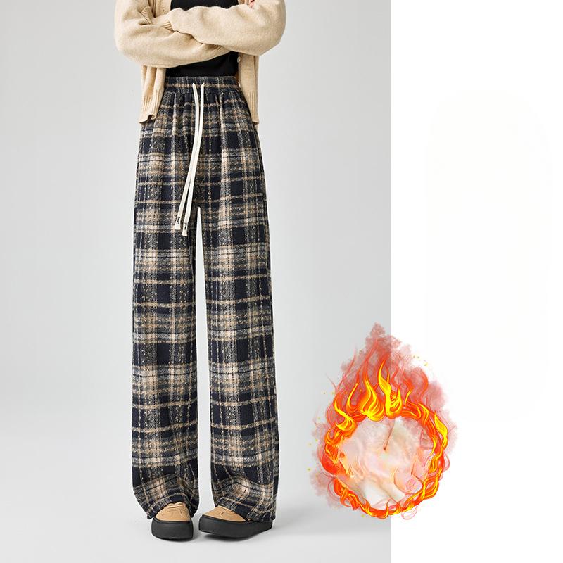 Plaid Pants for Women's Spring and Autumn New High-waist Draped Straight-leg Casual Small Retro Wool Wide-leg Pants