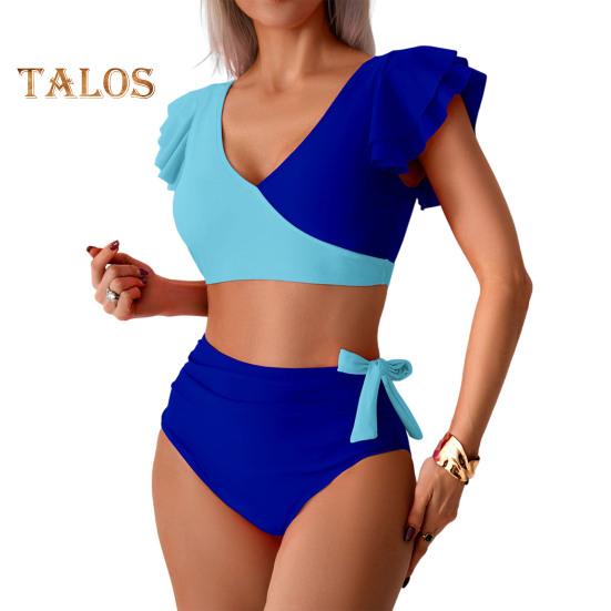 

2 шт./комплект женский комплект бикини с V-образным вырезом, бюстгальтер с оборками на рукавах, плавки с высокой талией, комплект с пышными вырезами, купальный костюм, купальник S синий