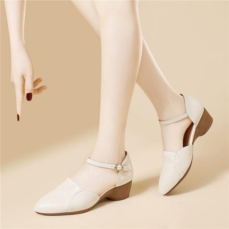 New Style of Coarse-heeled Soft Leather Shallow Toe Shoes, Versatile Soft-soled Mid-heel Women's Shoes