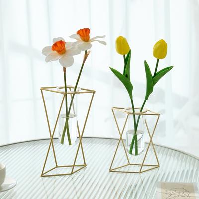 Nordic Golden Glass Vase Iron Hydroponic Plant Flower Vase Tabletop Coffee Shop Office Modern Home Decoration Accessories