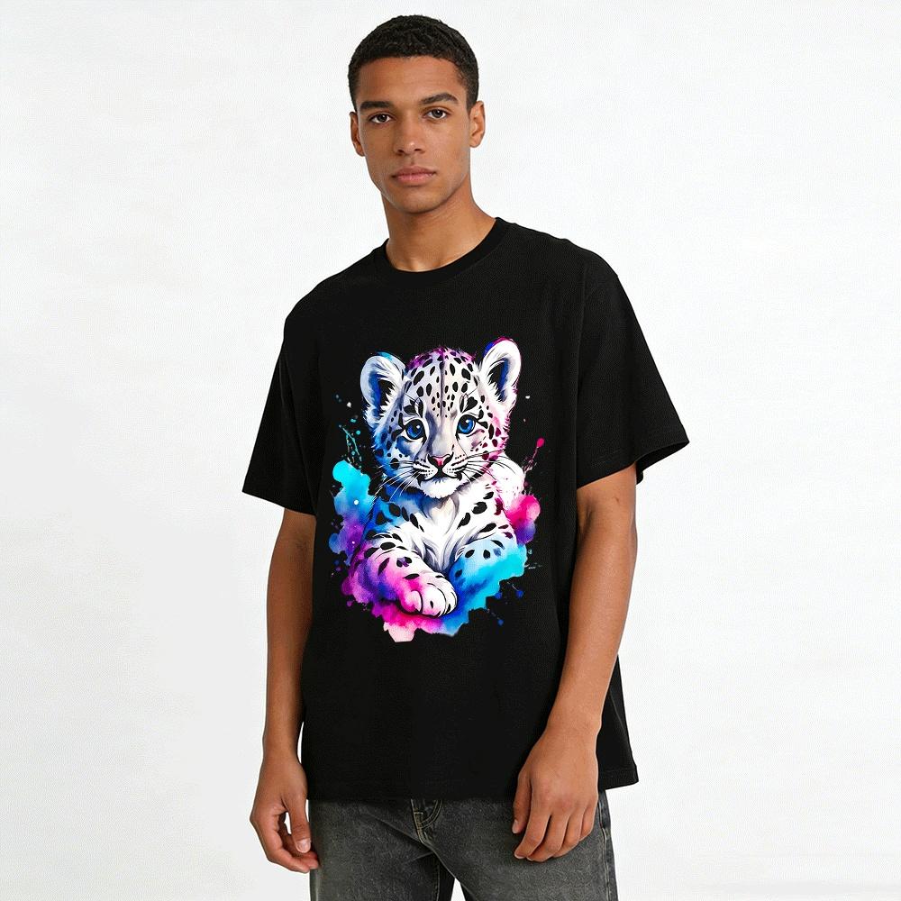 Watercolor Snow Leopard Cub Print Casual Trendy Short Sleeve Top Pure Cotton T-shirt