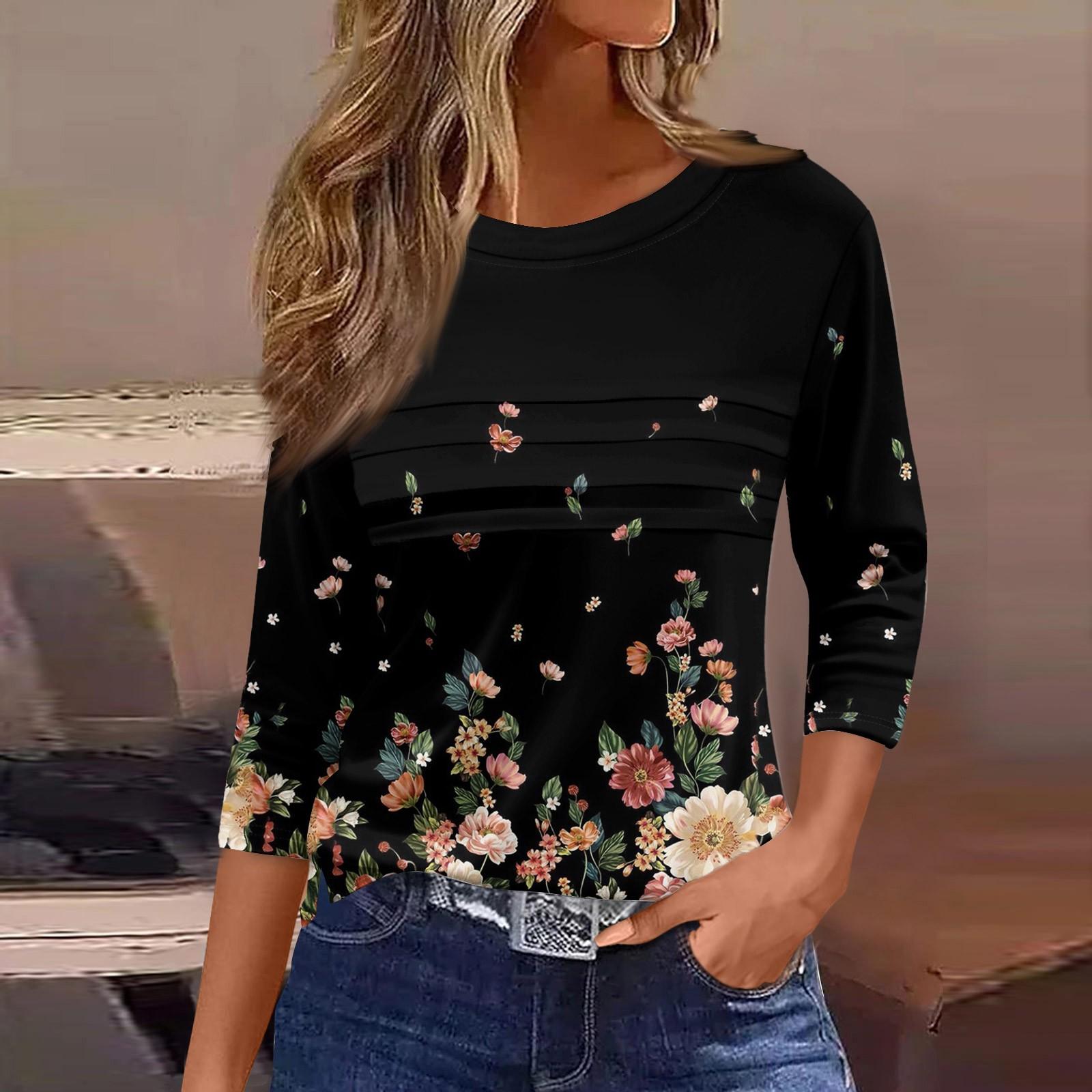 

Женская мода повседневный свободный топ с рукавом 3/4 в полоску с круглым вырезом S чёрный