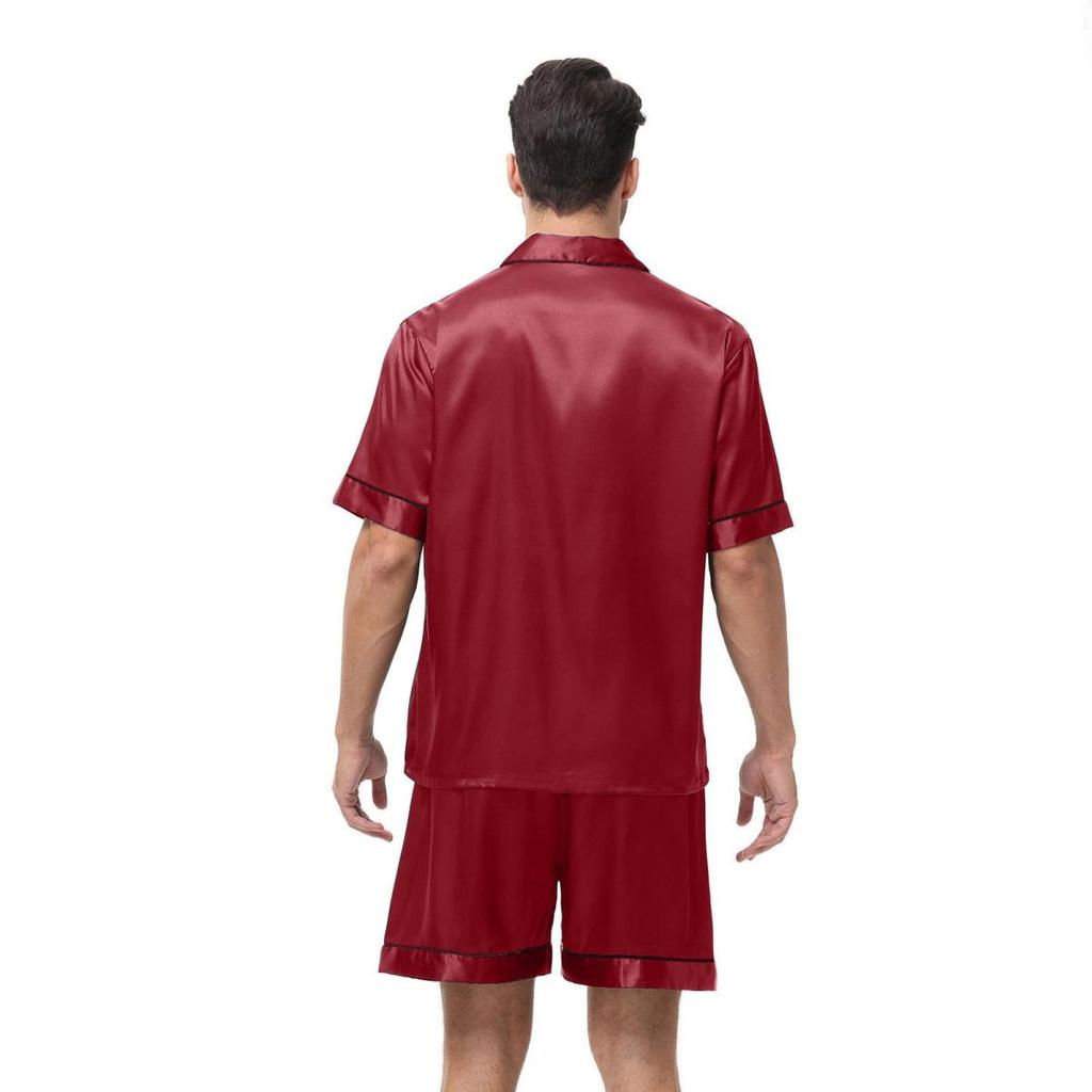 Yousheng 2Pcs/Set Men Pajamas Set Lapel Short Sleeve Single Breasted Tops Elastic Waist Shorts Set Solid Color Satin Sleepwear