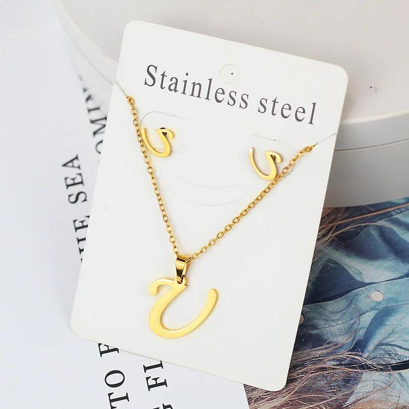 Stainless Steel Letter Necklace Bracelet Earring Zircon Set for Women Alphabet Pendant Necklace Party Gift