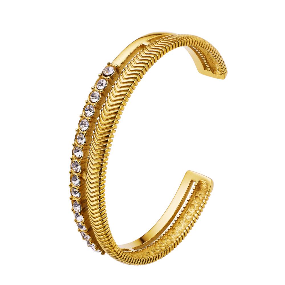 European-Inspired Stainless Steel Double-Layer Fishbone Pearl Open Bangle for Women золотой