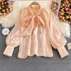 Sweet Women's Blouse Solid Color Butterfly Tie Lace-up Collar Long Sleeve Loose Stright Blusas Shirt Female All-matched Fashion