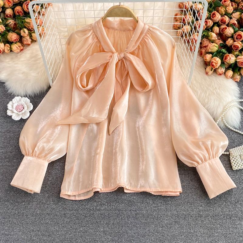 Sweet Women's Blouse Solid Color Butterfly Tie Lace-up Collar Long Sleeve Loose Stright Blusas Shirt Female All-matched Fashion