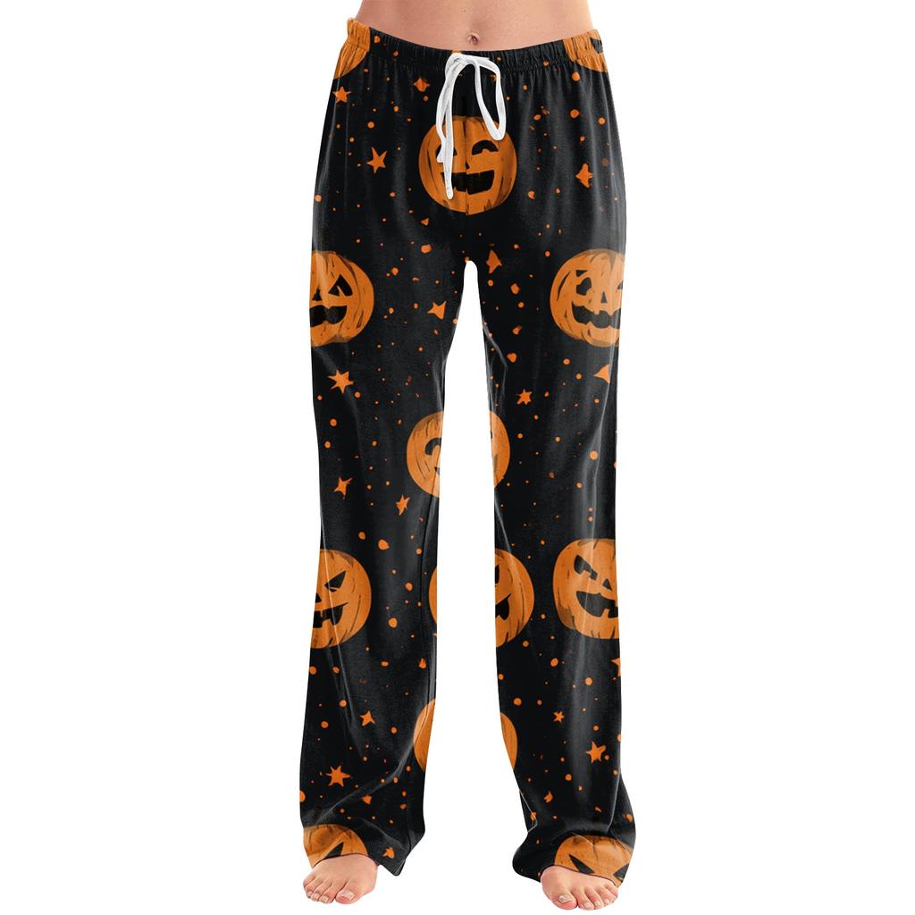 Women Loose Fit Casual Halloween Printed Pants Elastic Waist Relaxed Trousers with Pumpkin Pattern for Daily Wear