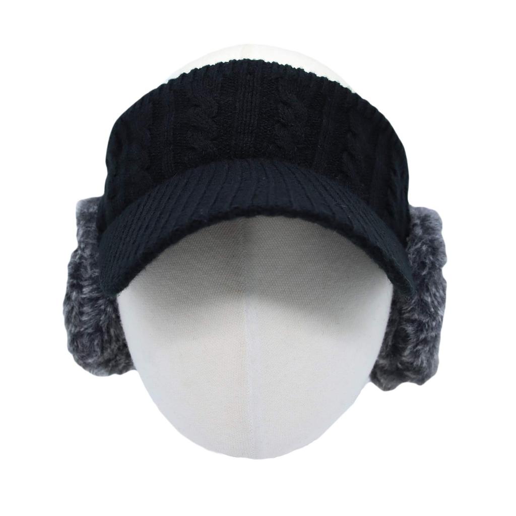 [Withmoons] Women's Winter Hat with Fluffy Earflaps and Knitted Sun Visor, Warm and Cozy, JDV1300 (Black)